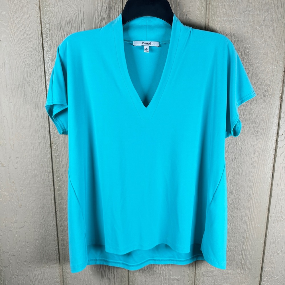 Sympli V-Neck Top Womens 8 Turquoise Blue Dolman Short Sleeve Matte Jersey Slit